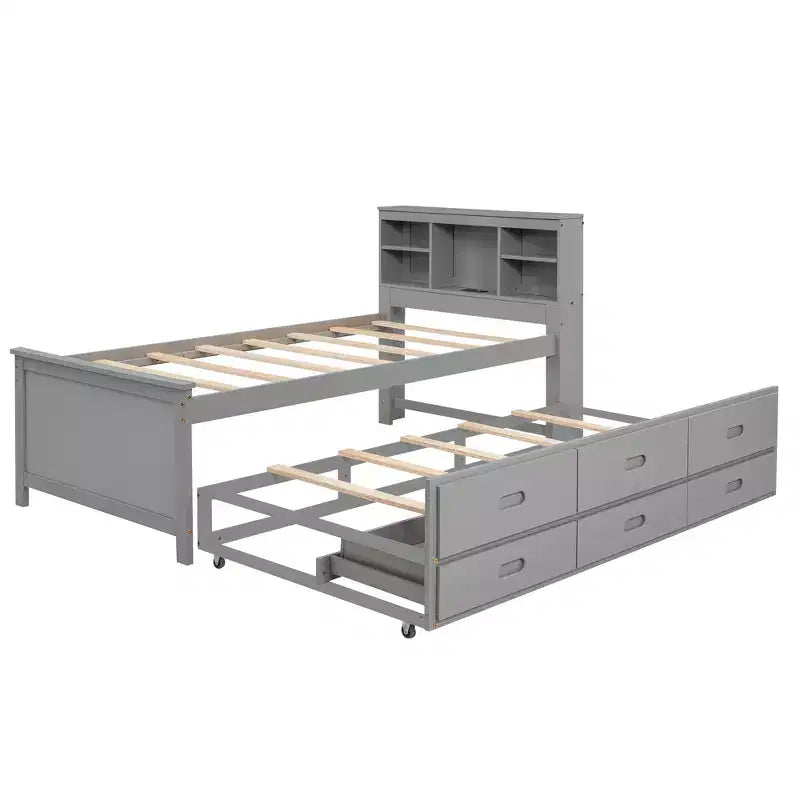 Platform Bed with Trundle and Drawers, Storage Platform Bed with USB, Wood Platform Bed with Bookcase – Image 16