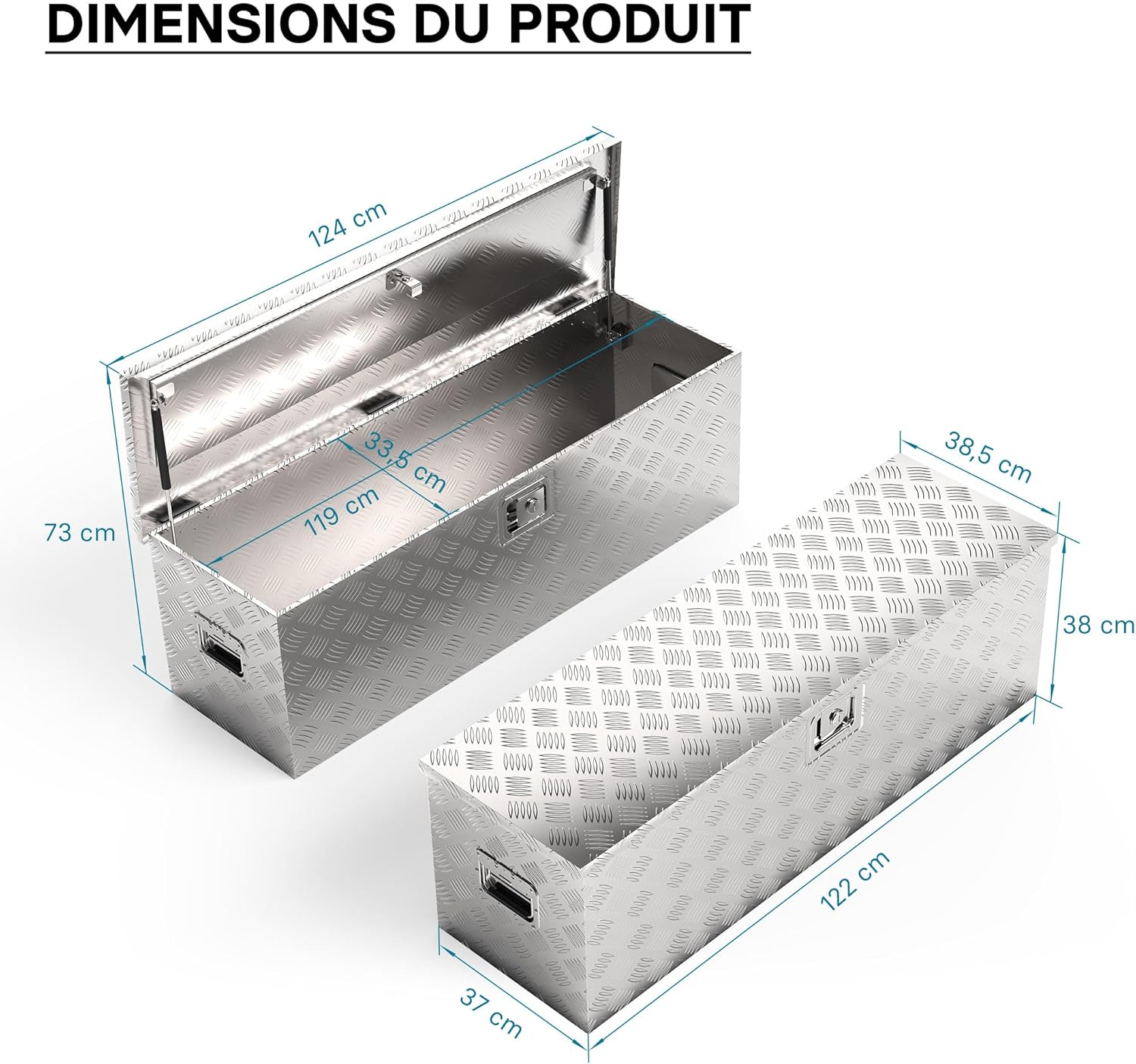 Wiltec Caisse à outils en aluminium - 124 x 37 x 38 cm - 170 litres - Boîte à outils alu ondulé - Vérins à gaz, poignées - Transport Rangement – Image 5