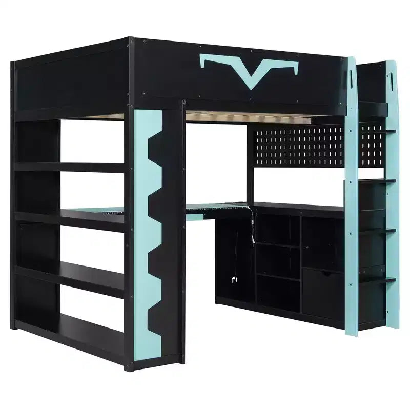 Luxystar Modern Gaming Full Loft Bed With Lighted Desk And Keyboard Tray, Pegboard, Storage Bookcase – Image 16