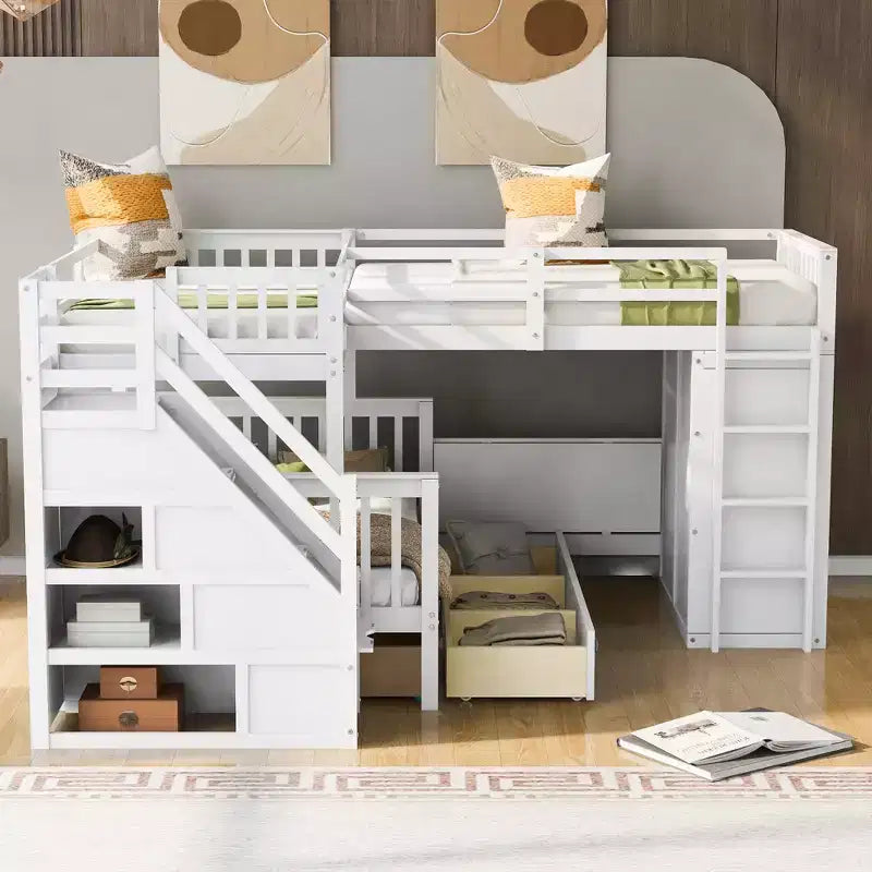 Whisen Modern Design Twin over Full L-Shaped Bunk Bed With 3 Drawers, Portable Desk and Wardrobe – Image 60
