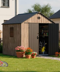 Alternative view of Hoggar Abri de jardin en résine 5,02 m² Oak O50 - Sol inclus - Fenêtre latérale - Aspect bois premium - Double porte large - Protection UV et imperméable - Fermeture par goupille - aérations