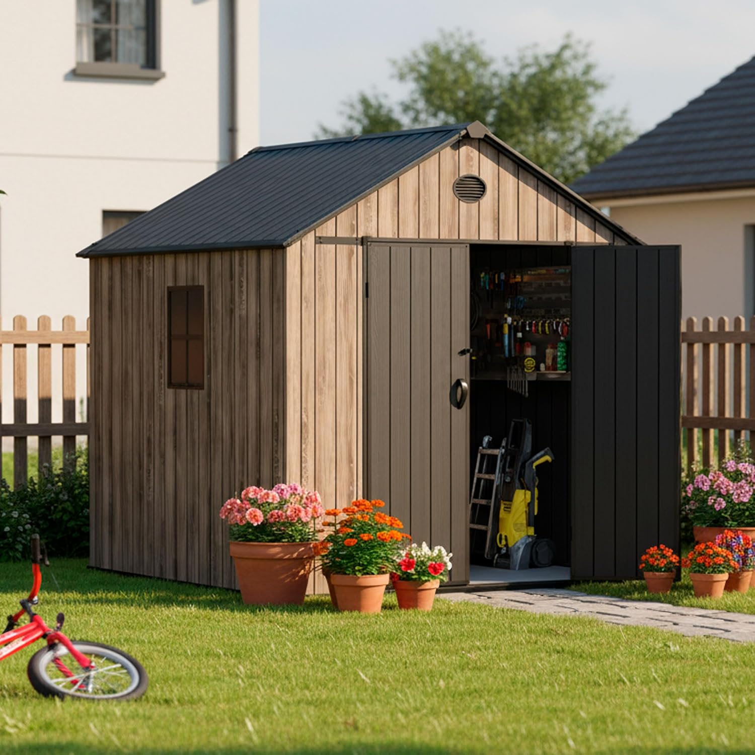 Hoggar Abri de jardin en résine 5,02 m² Oak O50 - Sol inclus - Fenêtre latérale - Aspect bois premium - Double porte large - Protection UV et imperméable - Fermeture par goupille - aérations – Image 2