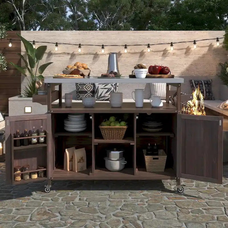 Outdoor Kitchen Island, Rolling Bar Cart & Storage Cabinet,Solid Wood Grill Table with Stainless Steel Top,Spice Rack,Towel Rack – Image 4