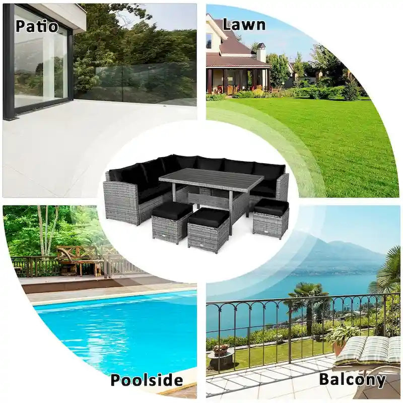 7 Pcs All-Weather Patio Rattan Dining Furniture Sectional Sofa Set with Wicker Ottoman and Cushed Couch – Image 14