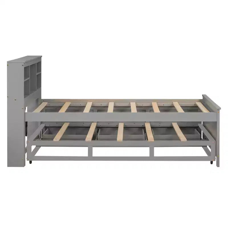 Platform Bed with Trundle and Drawers, Storage Platform Bed with USB, Wood Platform Bed with Bookcase – Image 20