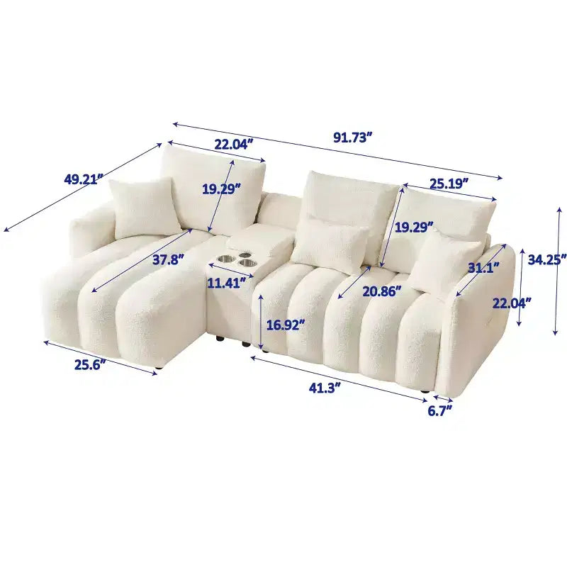 92 Teddy Fur Fabric Corner Sofa with Center Console, USB Ports & Coffee Table - White – Image 4