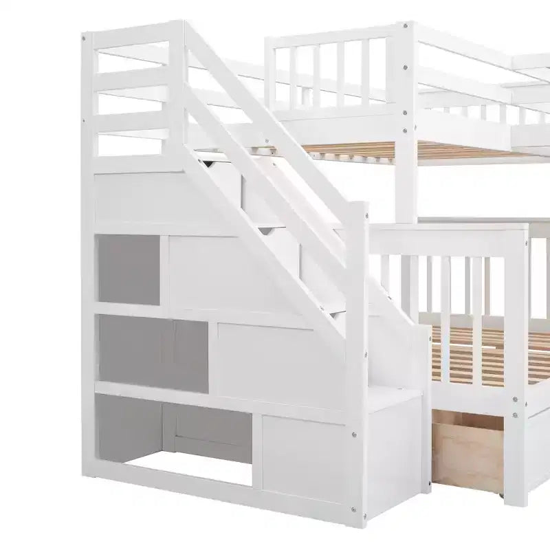 Whisen Modern Design Twin over Full L-Shaped Bunk Bed With 3 Drawers, Portable Desk and Wardrobe – Image 77