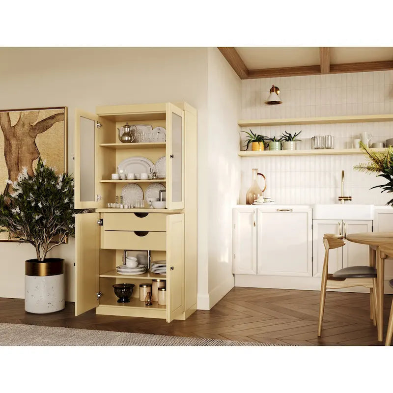 100% Solid Wood Pantry Cabinet with Frosted Glass Doors, Solid Doors, 2-Drawers and Adjustable Shelves – Image 30