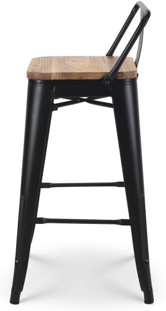 Kosmi Lot de 4 tabourets de Bar en métal Noir Mat Style Industriel avec Dossier et Assise en Bois Clair - Hauteur 66cm – Image 6
