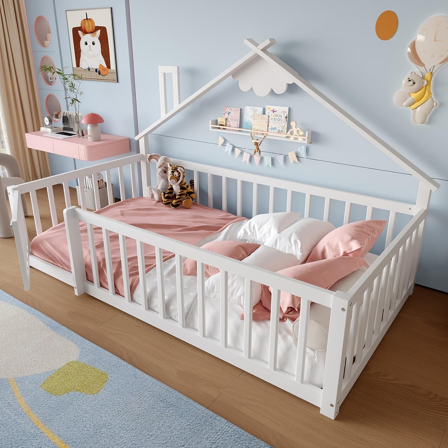 Lit Au Sol Enfant 140x190cm,Lit Cabane Enfant Montessori avec Design Cabine Distinctif,Porte,Barrières Hautes,Sommier à Lattes Solide,pour Enfants,Pin (A-Blanc, 90x190)