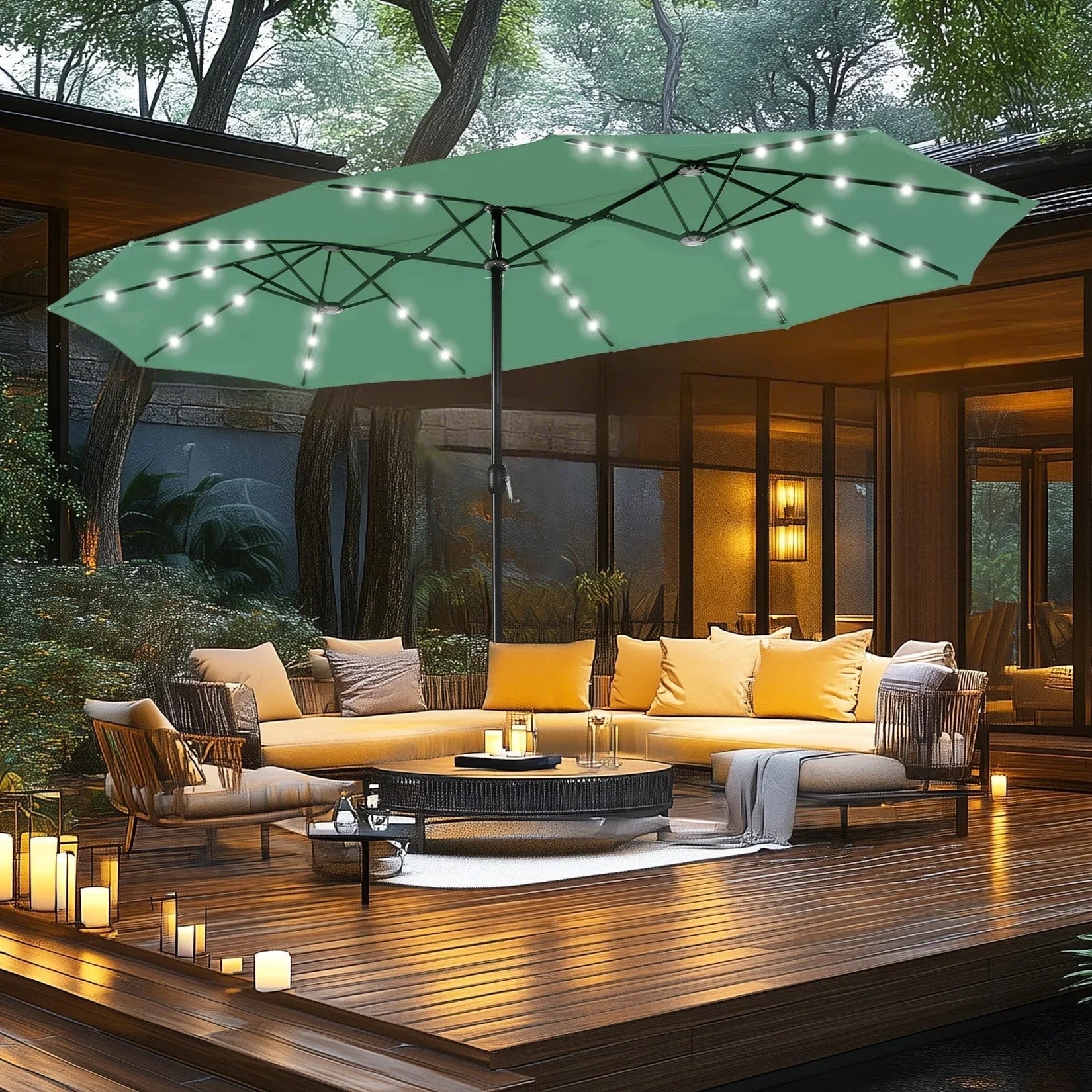 MAISON ARTS 15-foot Rectangular Crank Double-sided Outdoor Market Umbrella Solar LED Lighted Patio Umbrella with Base Included – Image 9