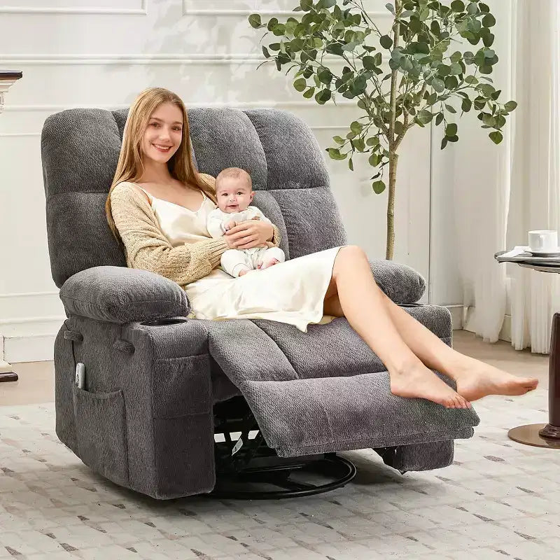Oversized Recliner Chair for Adults, Manual Swivel Rocker Sofa, Side Pockets & Cup Holders for Big and Tall Persons, Living Room – Image 25