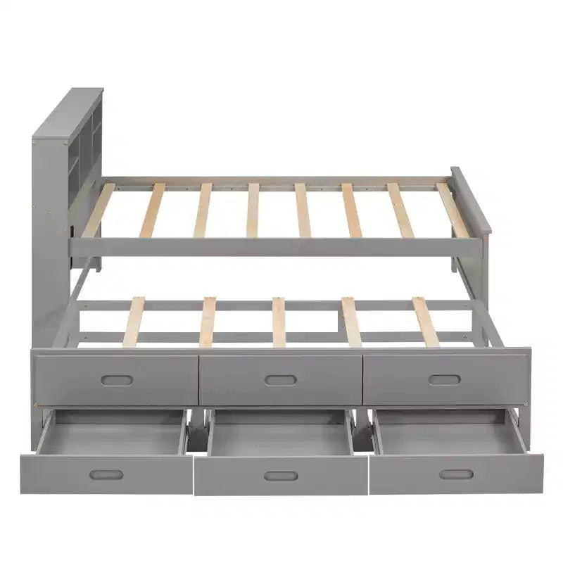 Platform Bed with Trundle and Drawers, Storage Platform Bed with USB, Wood Platform Bed with Bookcase – Image 7