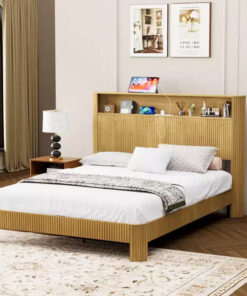 Alternative view of ModernLuxe Queen/Full XL Size Bed Frame with Storage Headboard, Built-in Charging Station, Wavy Design, Quiet Support