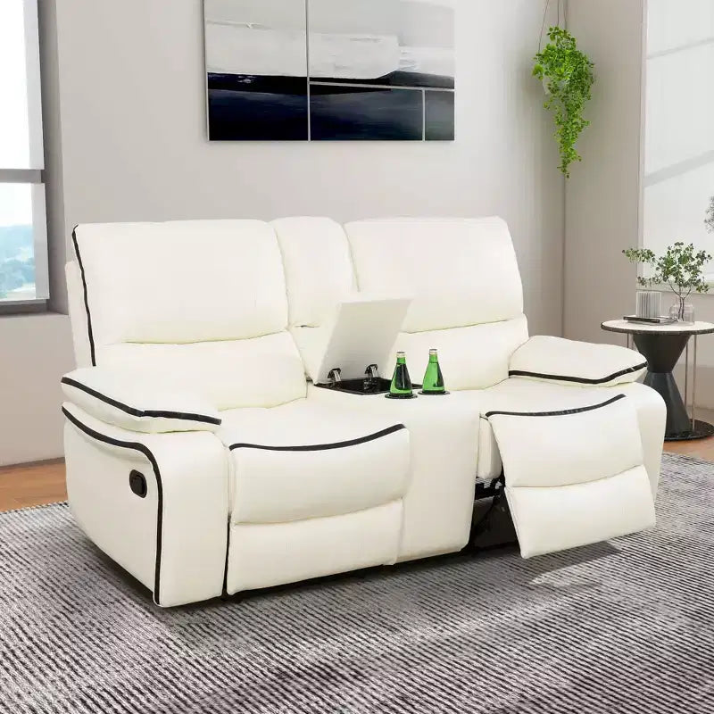MAYEERTY Power Reclining Loveseat, Electric 2-Seat Breathable Leather Recliner with Storage & Cup Holders for Living Room, White – Image 2