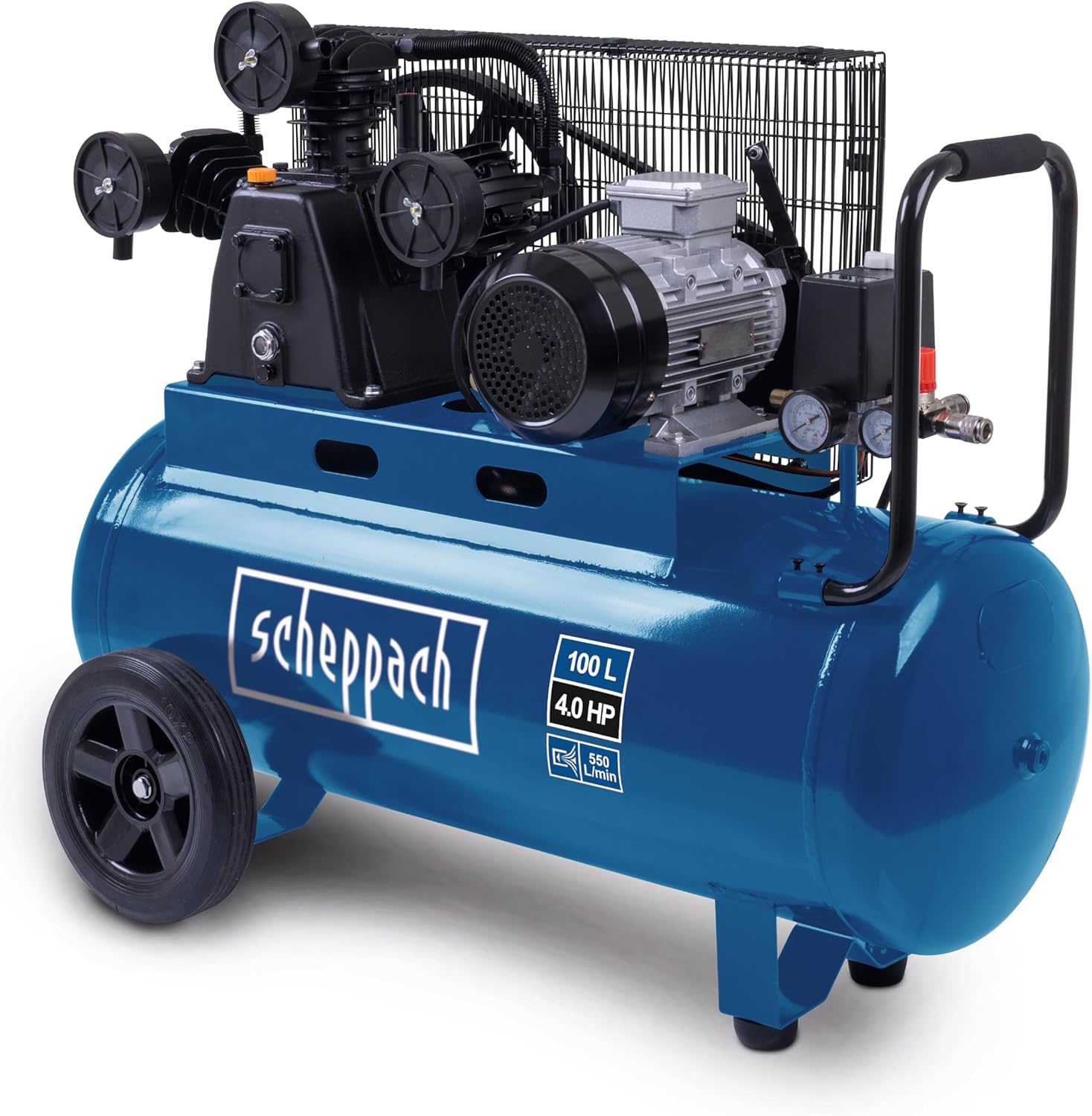 Scheppach Compresseur à air HC550TC – 400 V – 3000 W / 3 PS – Tri-cylindres – Cuve 100 L – 10 bar – Entraînement par courroie – Puissance d'aspiration 550 L/min – Transport facile