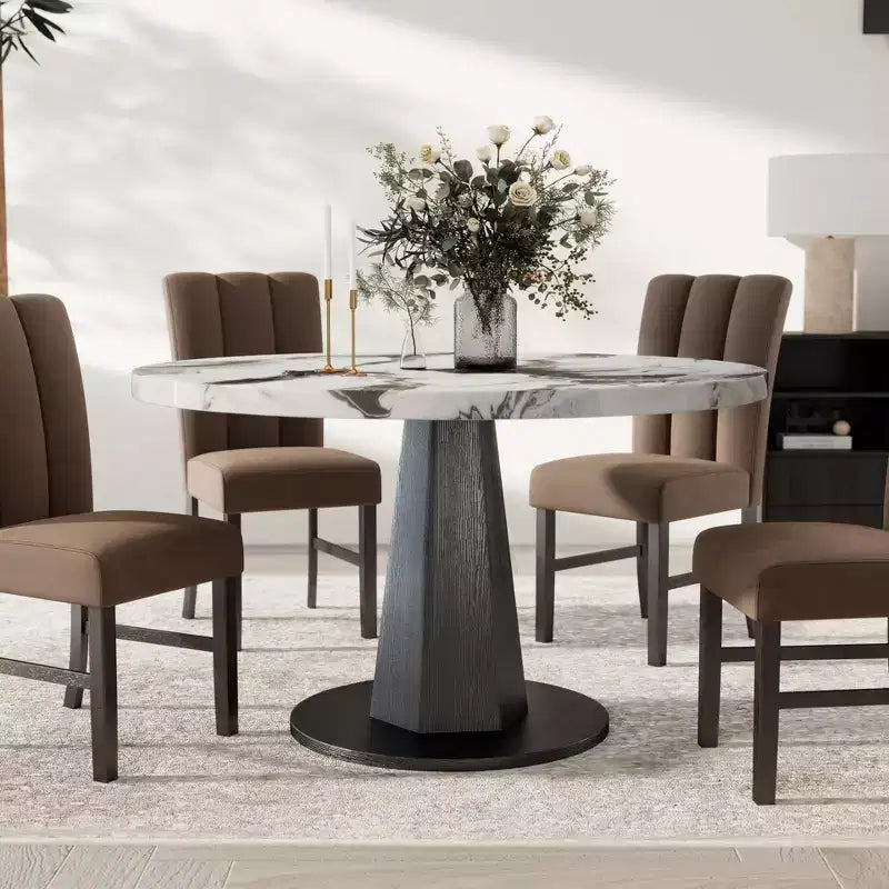 Roundhill Furniture Cavira Modern Faux Marble Dining Table with Wood Pedestal Base – Image 2