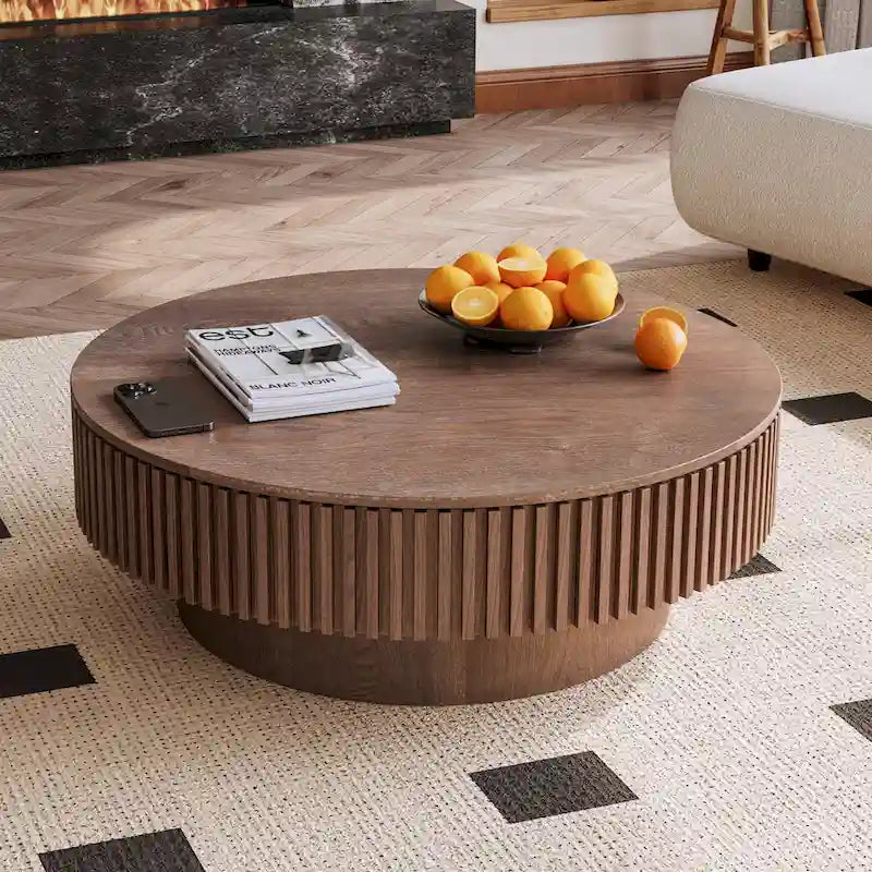 Modern Solid Wood Veneered Round Coffee Tea Table with Storage – Image 3