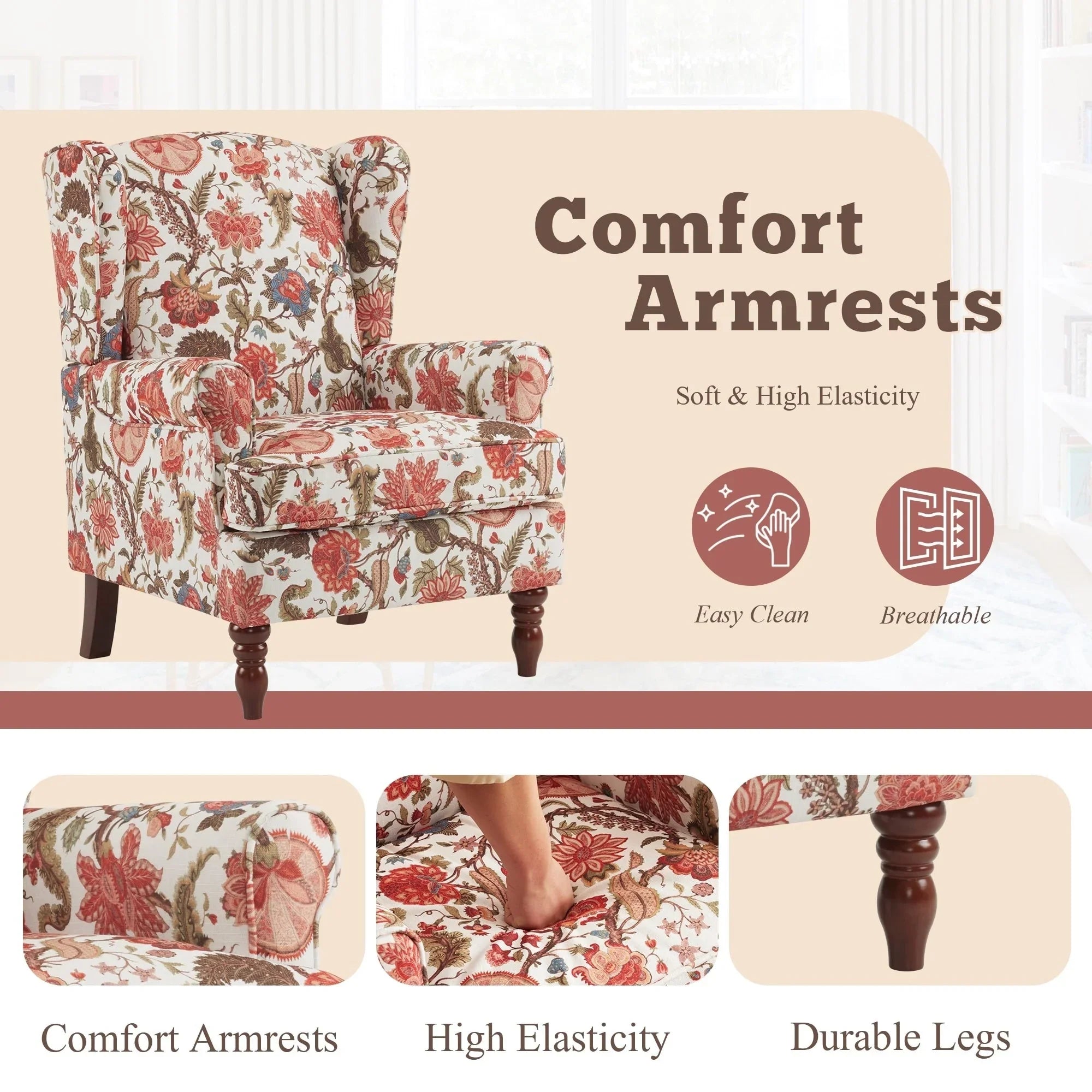 Erommy Modern Accent Chair, High Back Armchair, Upholstered Fabric Button Single Sofa with Wooden Legs for Living Room – Image 121