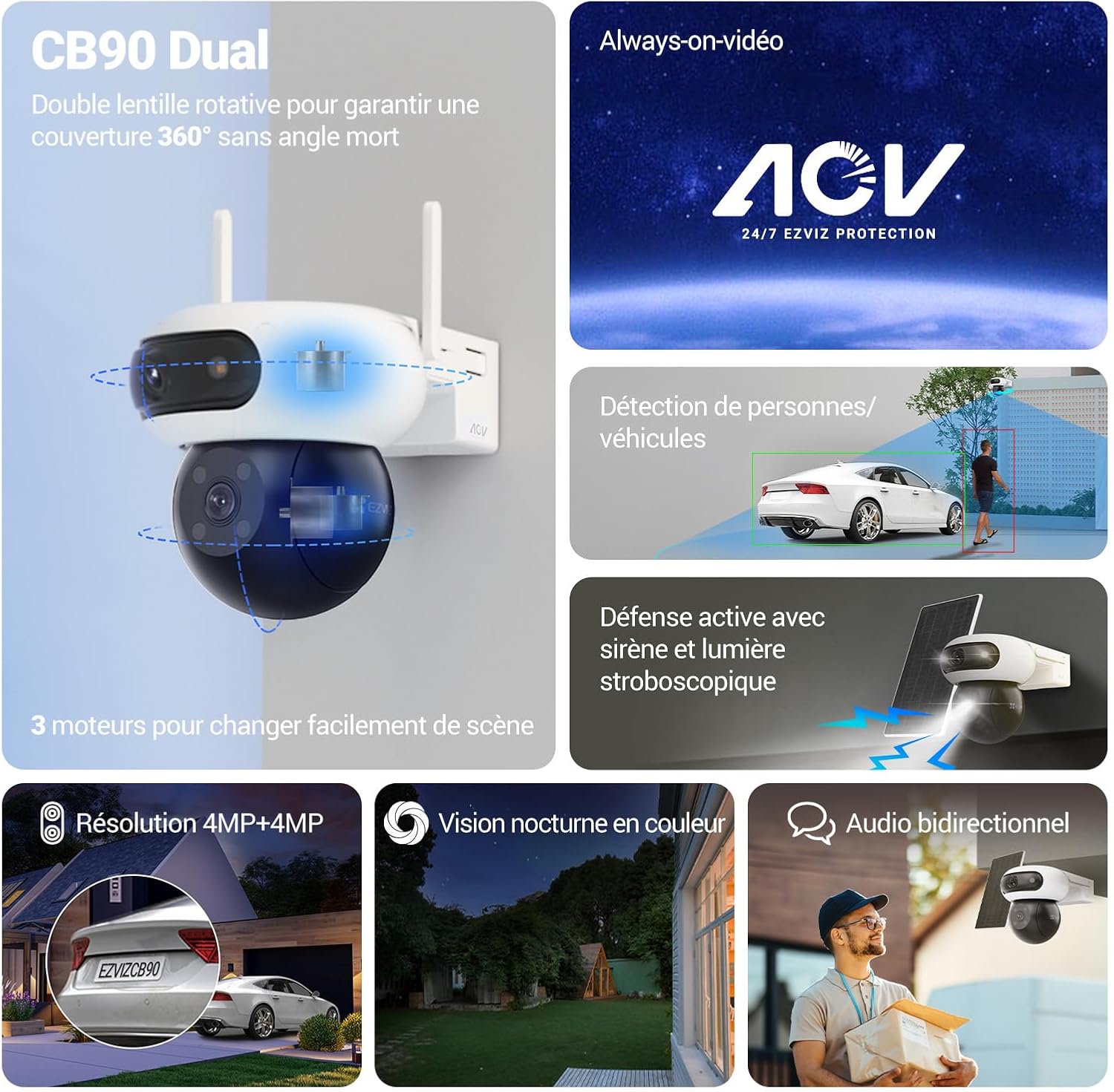 EZVIZ 8MP(4MP+4MP) Camera Surveillance WiFi Exterieure sans Fil à Double Objectif Motorisé, Camera Exterieur Solaire, Mode Always-on, Détection de Personne/Véhicule, CB90 Dual+8W Panneau Solaire – Image 2
