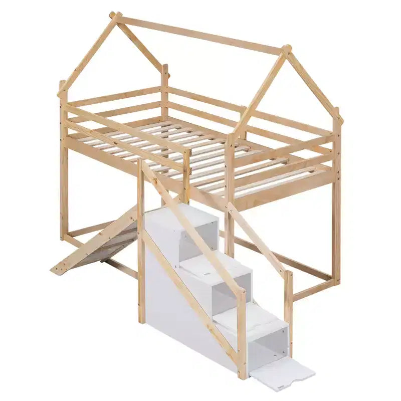 House Bunk Beds with Slide and Storage Stairs, Kids Wood Twin over Twin Bunk Bed with Roof and Stairs for Girls Boys – Image 11