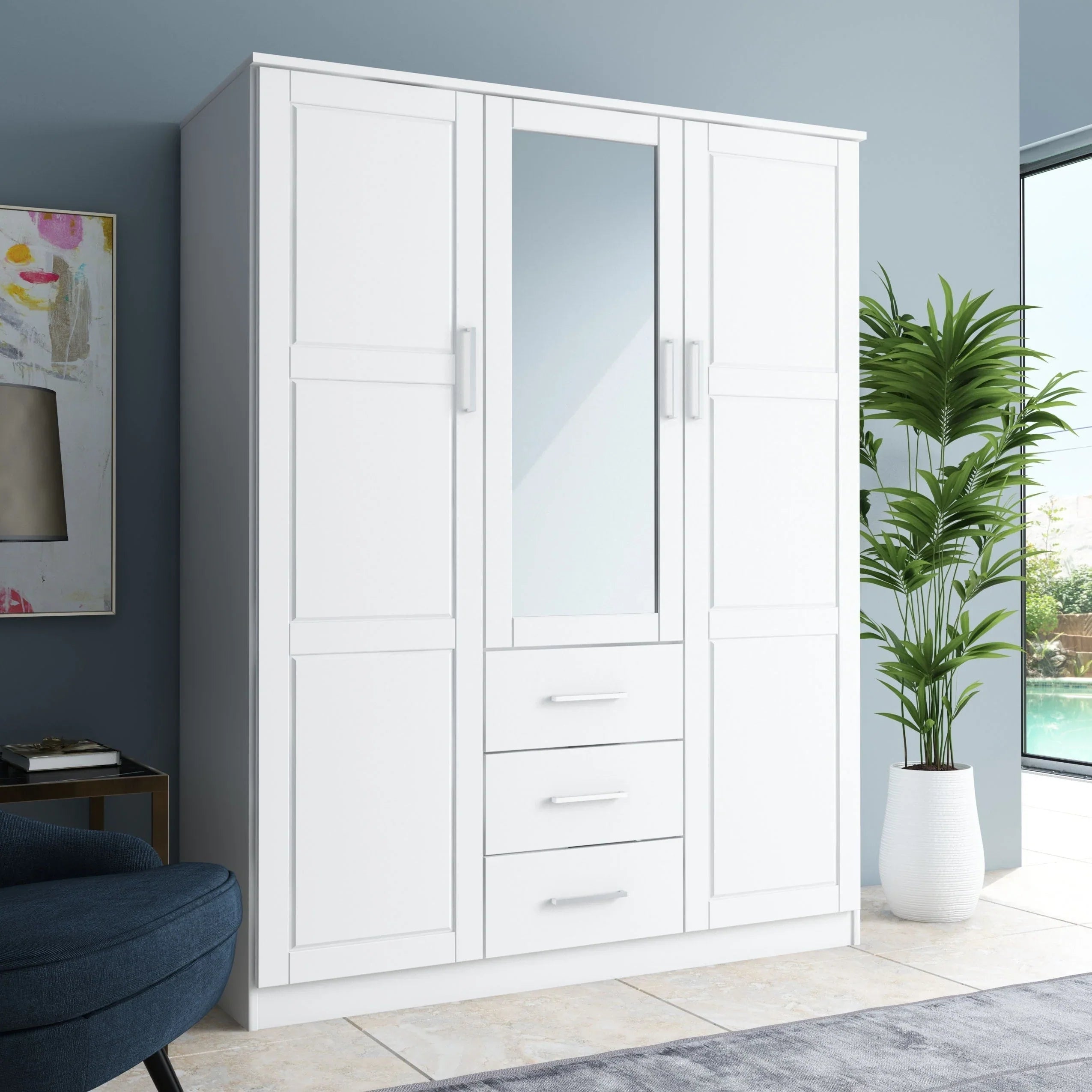 Palace Imports 100% Solid Wood Cosmo 3-Door Wardrobe Armoire with Solid Wood or Mirrored Doors – Image 30