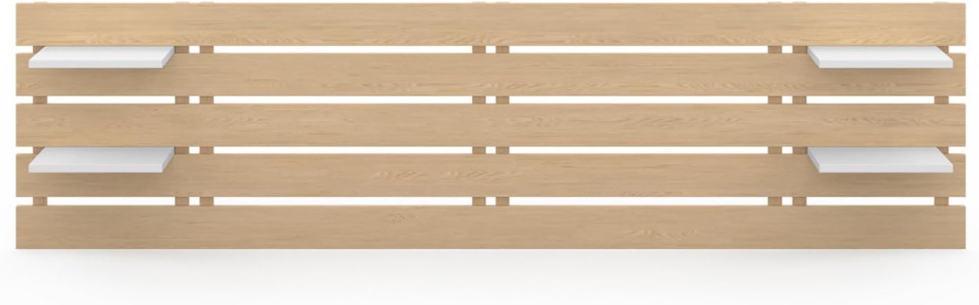 IDMarket - Tête de lit Suspendue 5 Larges Lattes Nina 240 cm Bois Clair et étagères Blanches – Image 4