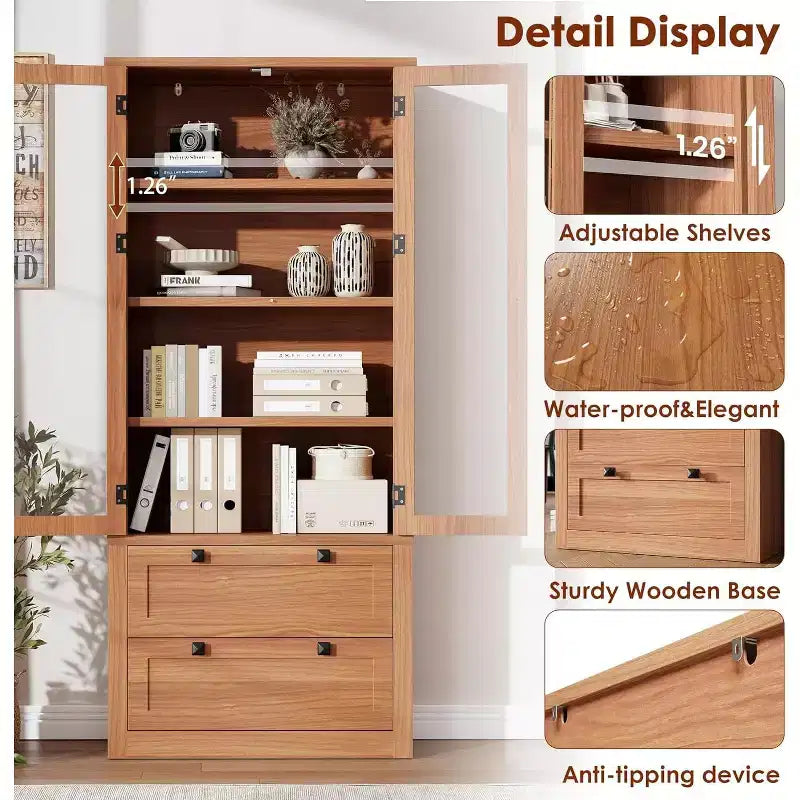 Farmhouse Kitchen Pantry Cabinet with Glass Doors, 72in Storage Cupboard with Drawers and Adjustable Shelves for Dining Room Bathroom Living Room – Image 19