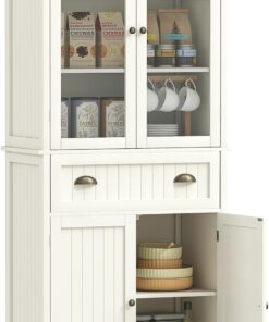 HOMCOM Buffet Meuble Cuisine Rangement Armoire de Cuisine 4 Portes Dont 2 Portes vitrées et 1 tiroir Hauteur 182,5 cm avec étagères réglables - Beige
