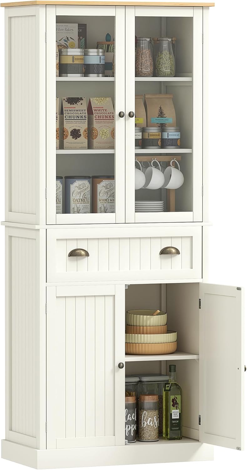 HOMCOM Buffet Meuble Cuisine Rangement Armoire de Cuisine 4 Portes Dont 2 Portes vitrées et 1 tiroir Hauteur 182,5 cm avec étagères réglables - Beige