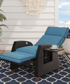 Grand patio Chaise longue inclinable à position réglable avec table rabattable et coussin pour jardin, cour, terrasse, extérieur – Coussin bleu paon et osier marron