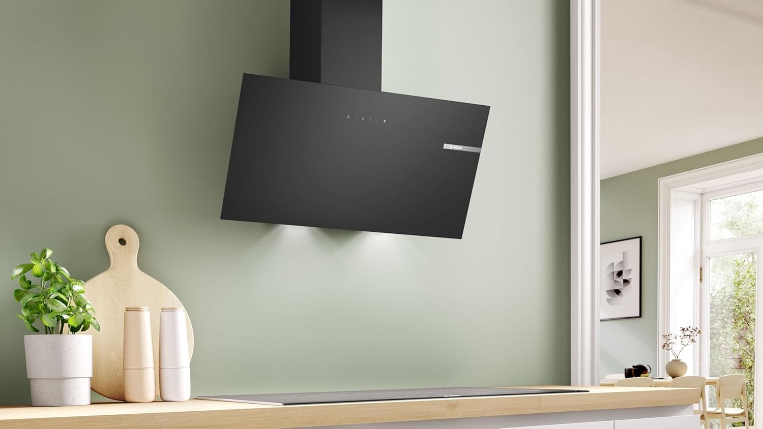 Bosch DWK85DK60 Série 2, Hotte murale, 4 vitesses d'aspiration dont 1 intensive, 80 cm, Noir avec finition en verre – Image 7