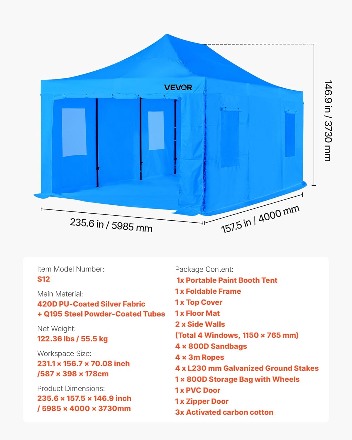 VEVOR Cabine de Peinture Portable 587x398x178 cm, Tente de Pulvérisation avec Cadre Pliable et 4 Fenêtres Latérales en Maille, Ventilation Améliorée, pour Pièces Automobiles, Meubles, Peinture Auto – Image 7