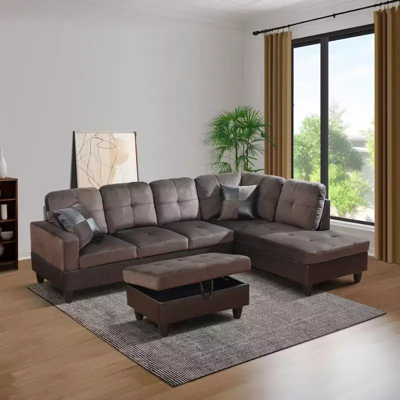 L-Shaped Living Room Sofa with Double Spring Layer, Soft and Breathable 3-Piece Short Plush Sofa Set – Image 9