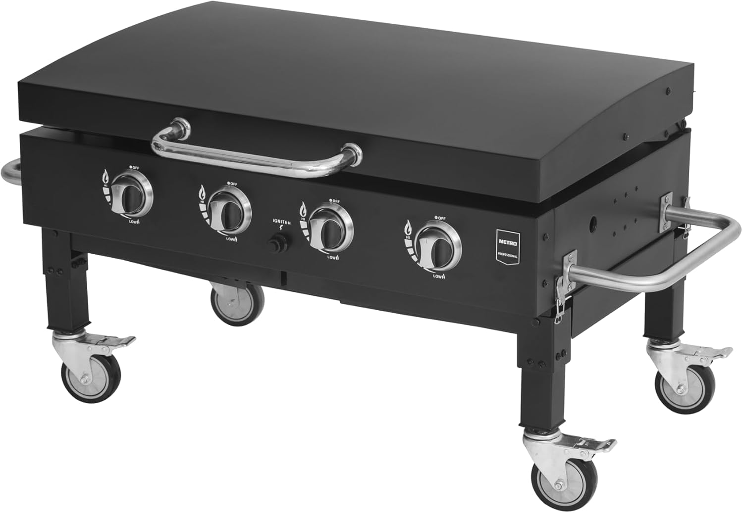 METRO PROFESSIONAL Barbecue Plancha à Gaz avec 4 Brûleurs Dayton, Acier Inoxydable, 14.8 kW, Allumage par Impulsion, 4 roulettes Pivotantes, Pliable, Noir – Image 4