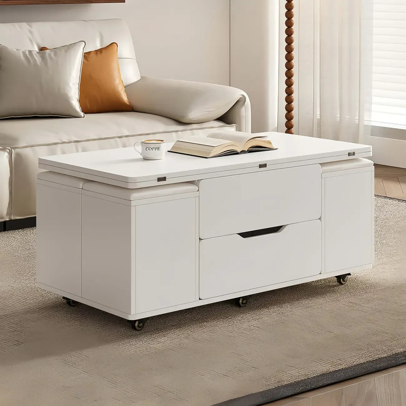 Foldable Lift-Top Coffee Table with 4 Stools & Storage – Image 43