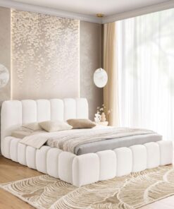 FURNISTAR MIA Lit capitonné avec coffre de lit, lit 140 x 200 cm, lit double avec espace de rangement et sommier à lattes, aspect lit à sommier tapissier, sans matelas, chambre à coucher - Blanc