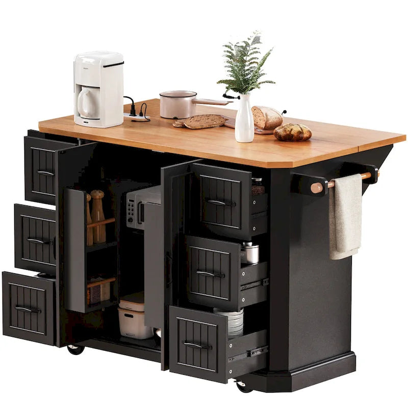Expandable Drop-Leaf Kitchen Island, Kitchen Cart on 4 Wheels with Power Outlet, Moveable Island Table with 2 Door & 6 Drawers – Image 16