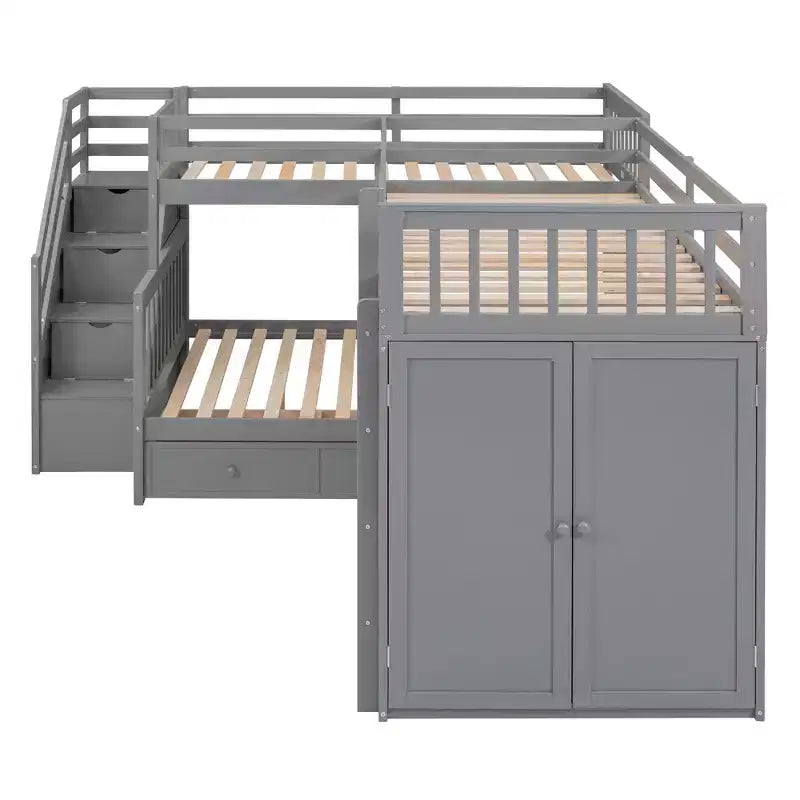Whisen Modern Design Twin over Full L-Shaped Bunk Bed With 3 Drawers, Portable Desk and Wardrobe – Image 41