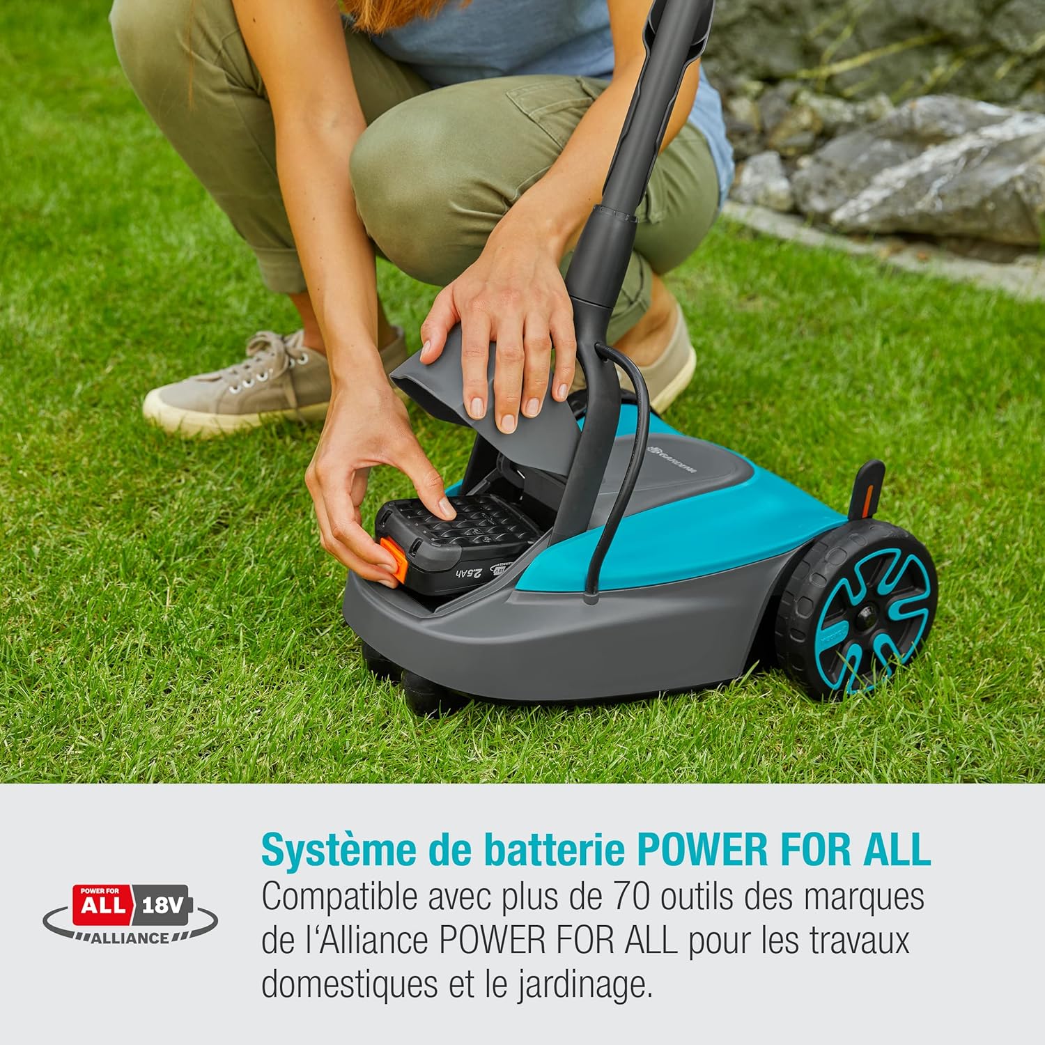 Set tondeuse à gazon sans fil HandyMower 22/18 V P4A Gardena, prêt à l’emploi : Tondeuse manuelle, pour pelouse jusqu’à 50 m², hauteur de coupe réglable, avec batterie 18 V P4A (14620-20) – Image 3