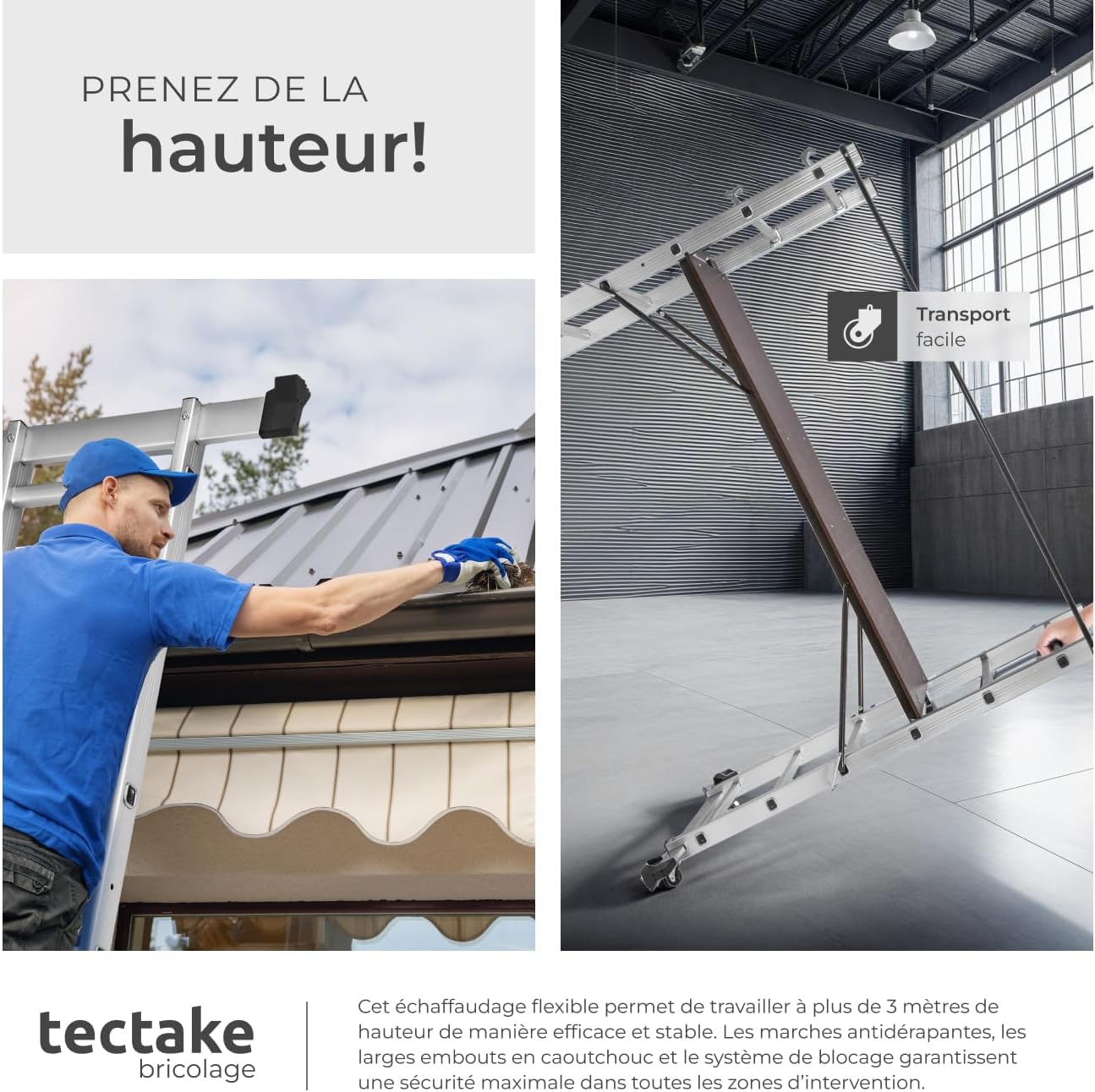 tectake® Échelle Multifonction 3 en 1 Échafaudage Roulant en Acier Plateforme de Travail Antidérapante Échelle Téléscopique Échelle Pliante Escabeau Pliant Bricolage Peinture Toiture – Image 3
