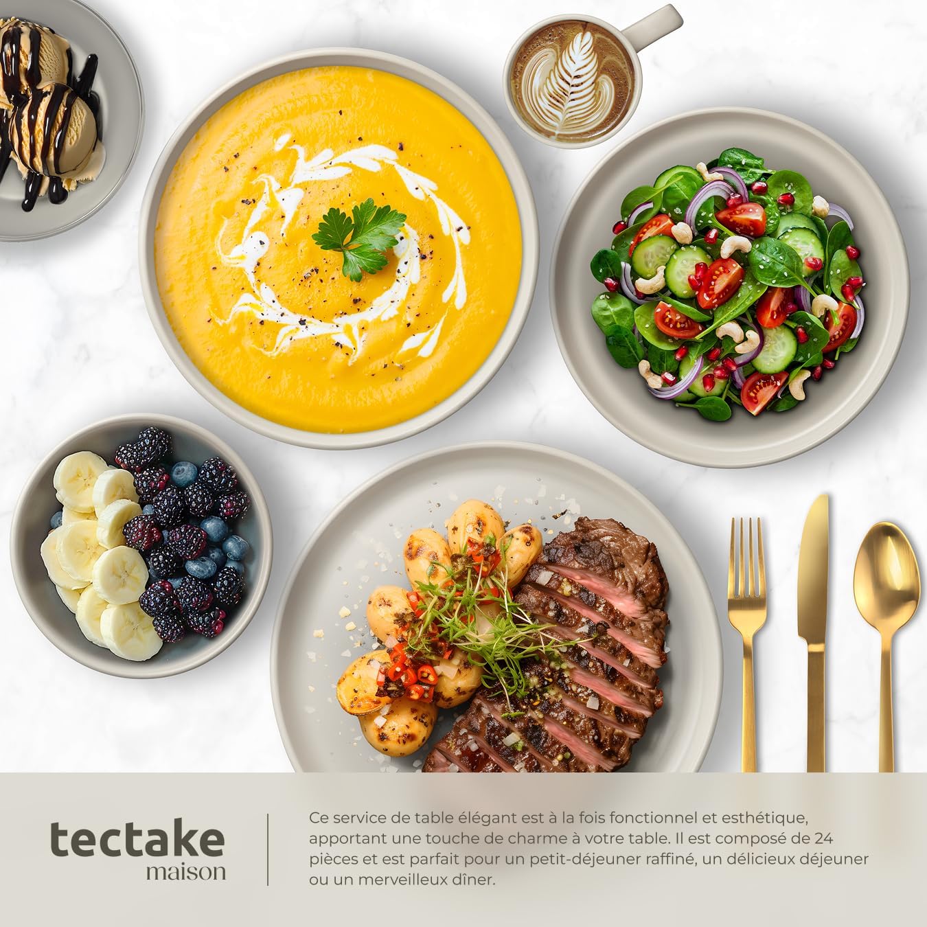 tectake® Set de cuisine 45 pièces, Service de table 6 personnes et Batterie de cuisine, Poêles, Casseroles, Assiettes plates, Assiettes creuses, Bols, Tasses, Louche, Spatule, Vaisselle en grès – Image 4