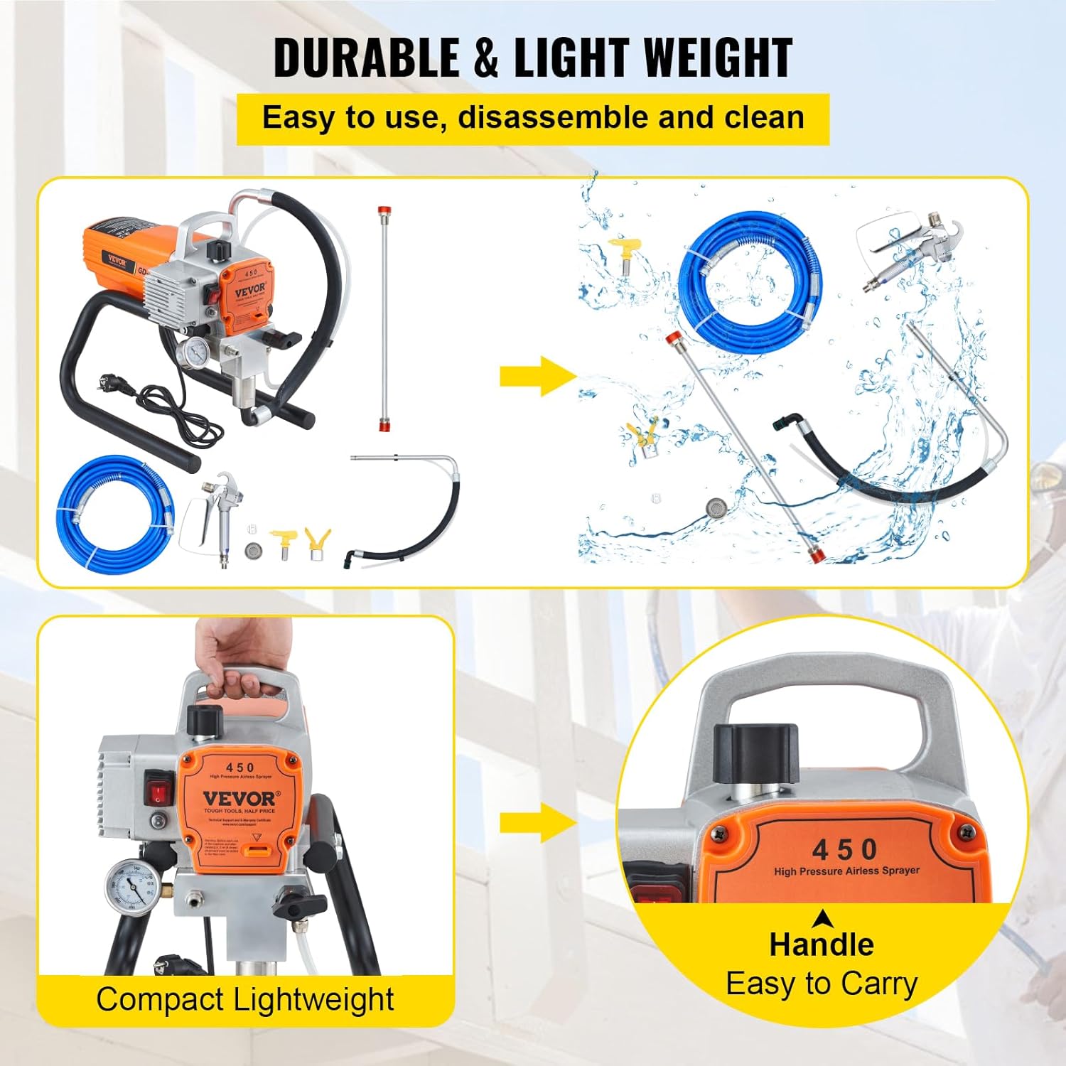VEVOR Pulvérisateur sans Air avec Tuyau Haute Pression, Pistolet de Peinture Murale 1500 W, 3000 PSI, 1,8 L/Min, pour Peinture Intérieure et Extérieure Fournitures Clôtures Construction Maison – Image 5