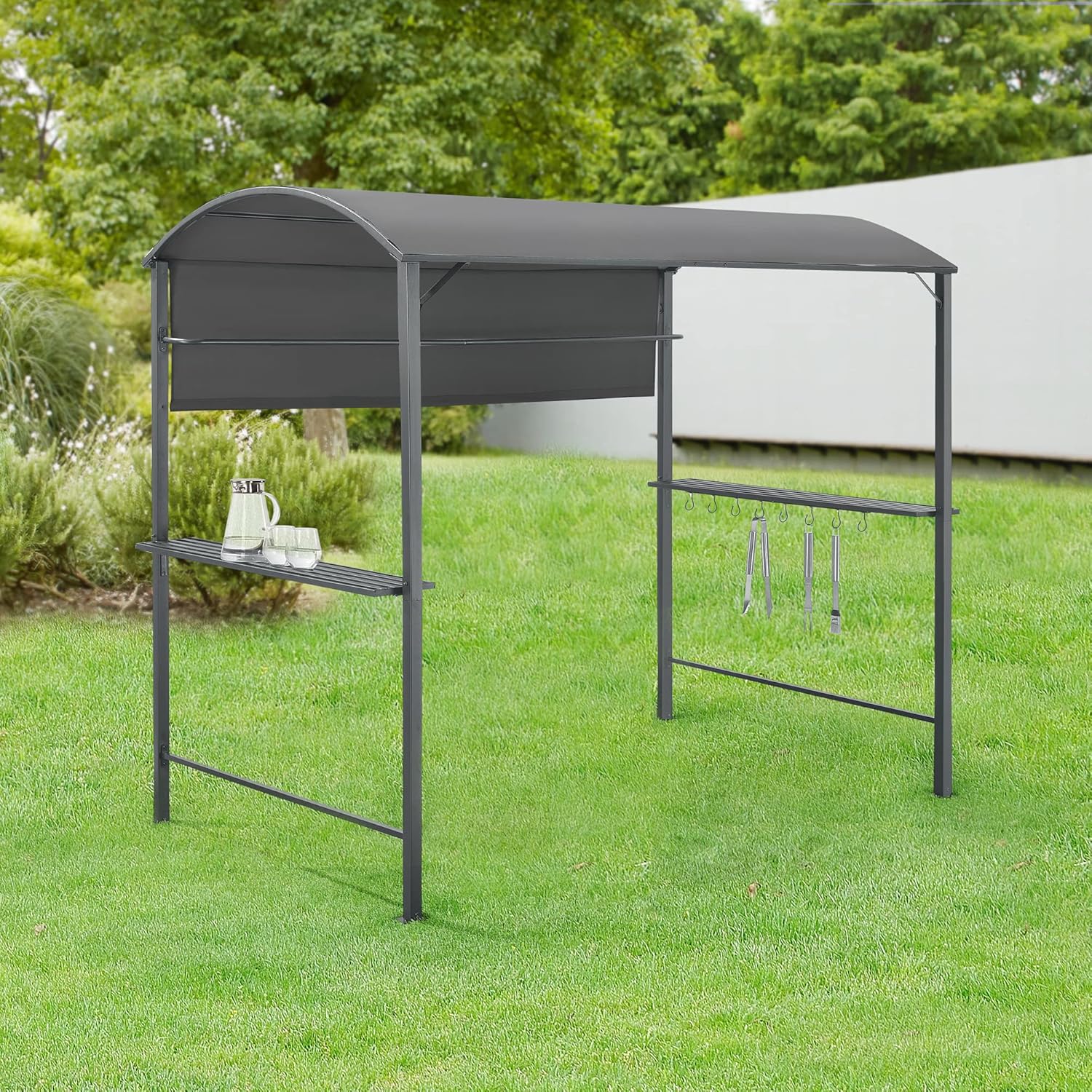 Tonnelle de Barbecue Auvent de Réception pour Jardin Tente avec Comptoir et Crochets Belvédère Robuste Extérieur Acier Laqué Polyester 215 x 220 x 140 cm Anthracite Gris Foncé – Image 5