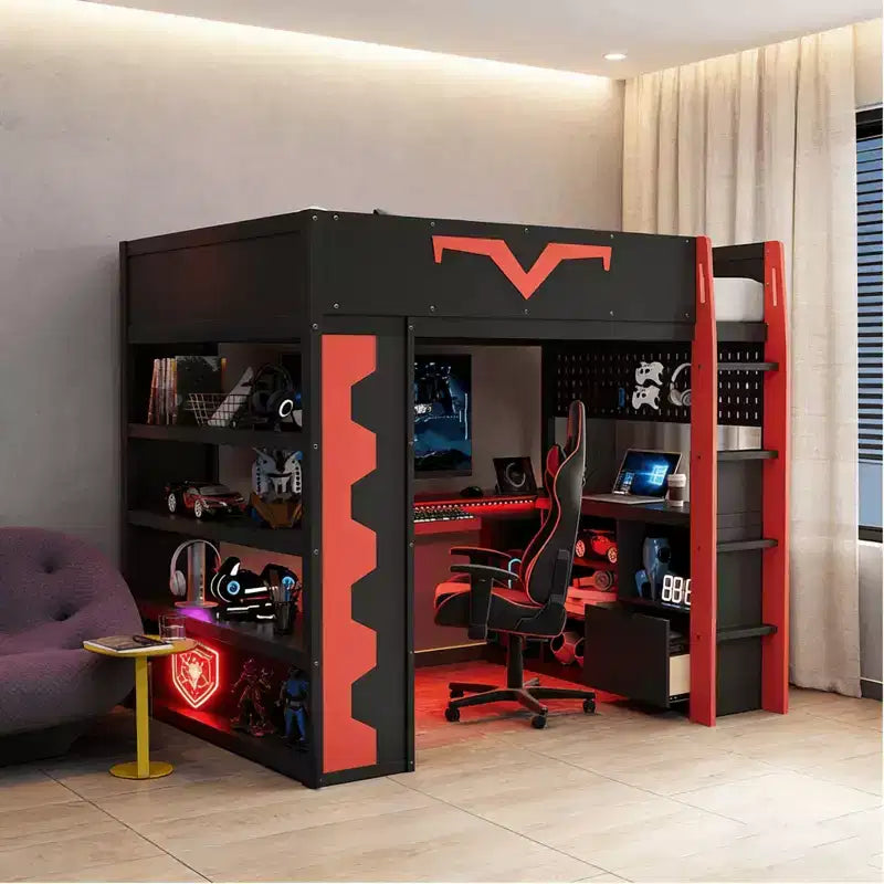 Luxystar Modern Gaming Full Loft Bed With Lighted Desk And Keyboard Tray, Pegboard, Storage Bookcase – Image 4
