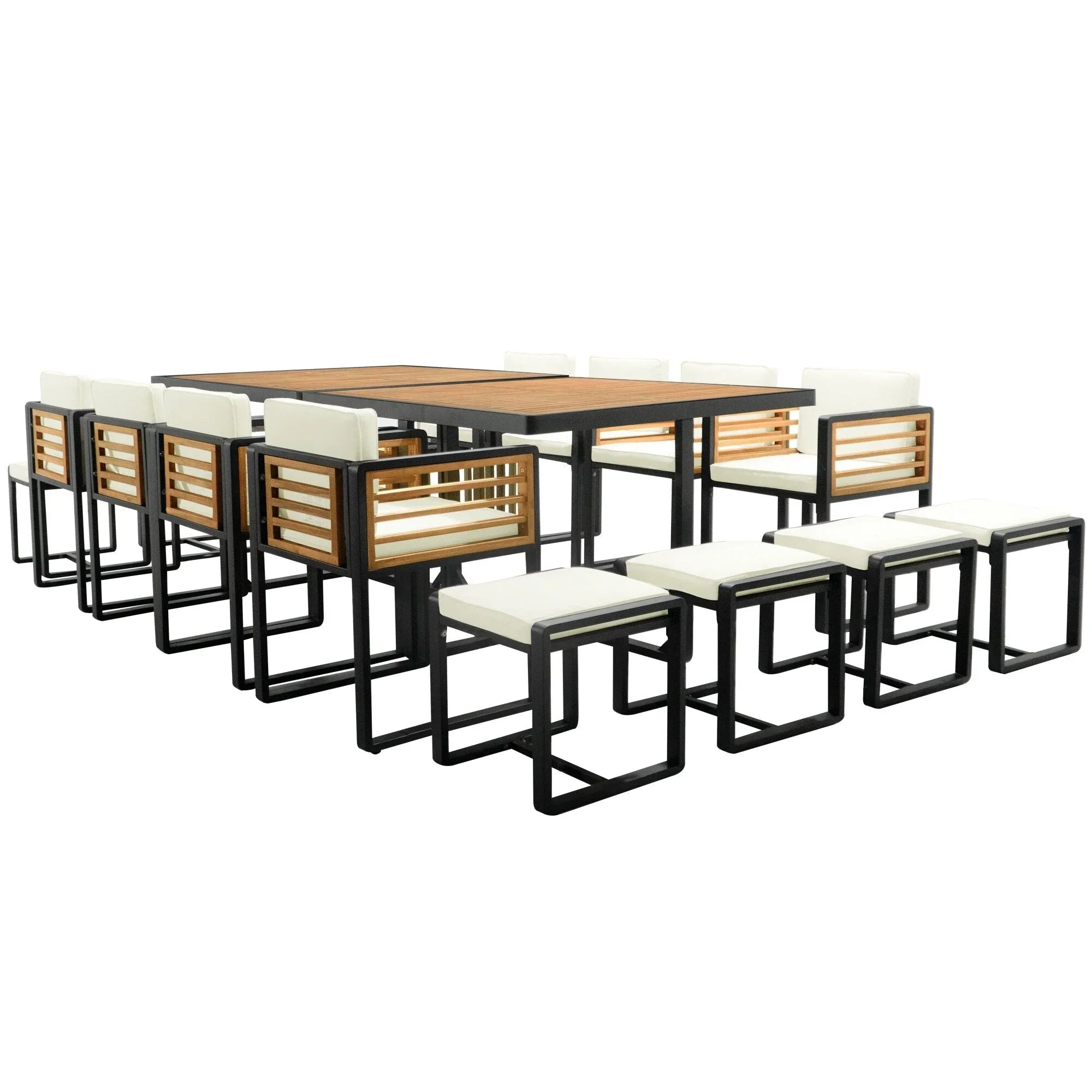 18-Pieces Acacia Wood Patio Dining Set, 8 Cushioned Chairs & 8 Ottomans & 2 Square Table – Image 16
