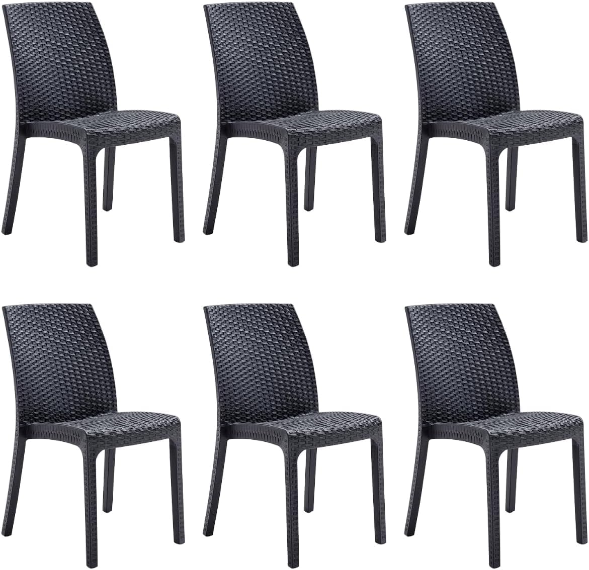 Tomaino - Chaise de jardin empilable en plastique - Lot de 6 chaises empilables pour table d'extérieur en rotin - Fauteuil en polypropylène pour maison, jardin, balcon, bar (Noir)