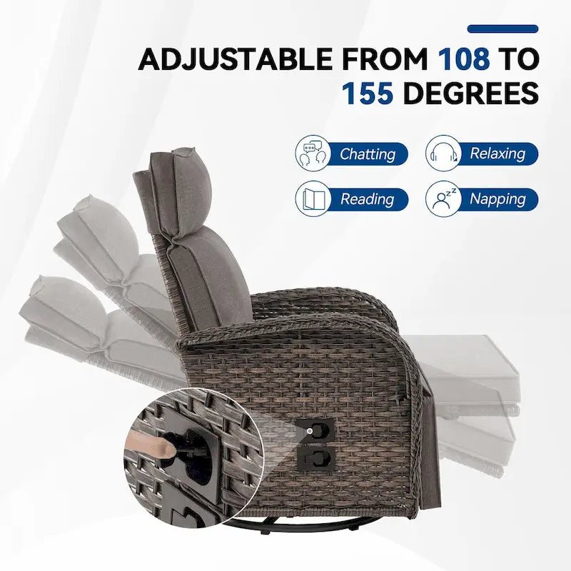 Pocassy 3PCS Versatile Outdoor Recliner Chair with Side Table Grey Cushion – Image 6