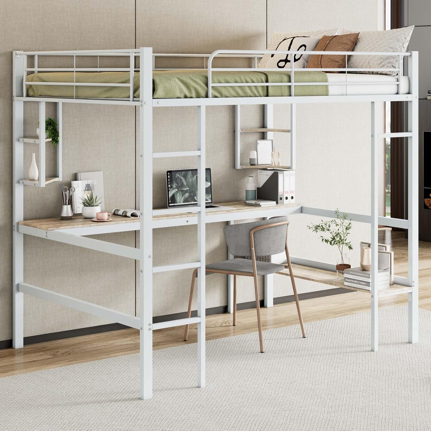 PUGSDRLY Lit Mezzanine Double 140x200cm avec Bureau et étagères, Cadre en Fer, Hauteur Adulte/Adolescent Blanc