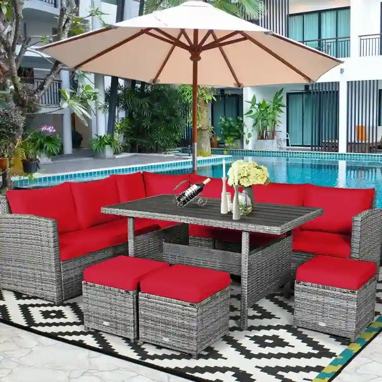 7 Pcs All-Weather Patio Rattan Dining Furniture Sectional Sofa Set with Wicker Ottoman and Cushed Couch – Image 10